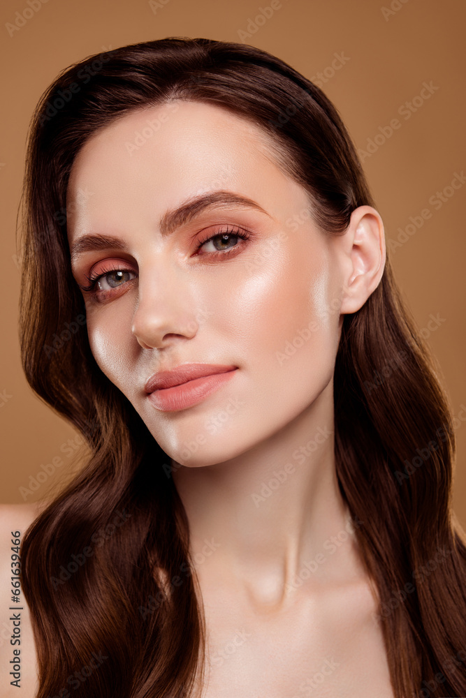 Portrait of aesthetic lady look in mirror enjoy pure perfect skin after peeling on pastel color background Portrait of aesthetic lady look in mirror enjoy pure perfect skin after peeling on pastel color background