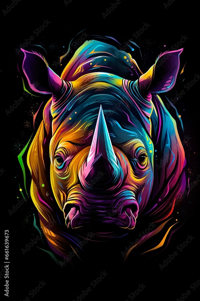 Rhino in abstract, graphic highlighters lines rainbow ultra-bright neon artistic portrait | Generative AI