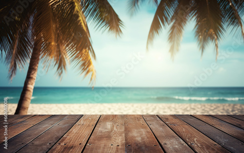 wooden deck with tropical beach in background