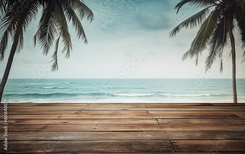 wooden deck with tropical beach in background