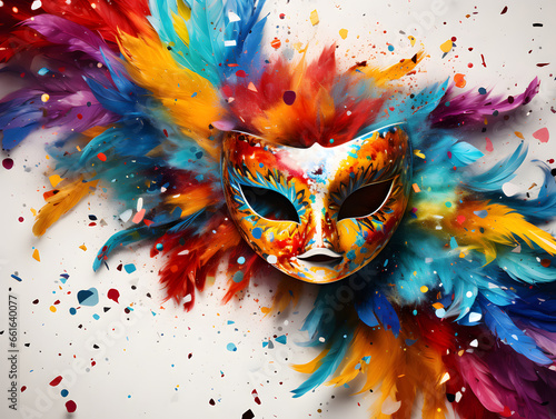 Vibrant Carnival Mask: A festive and colorful carnival mask on a white backdrop, surrounded by scattered confetti. Celebrate the spirit of Carnival with this lively composition