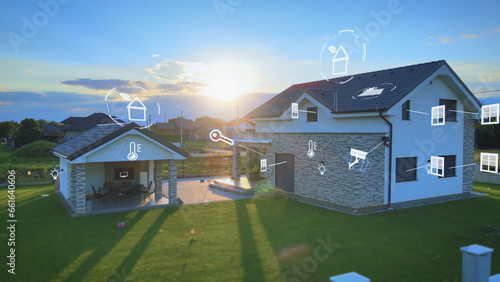 Smart home intelligent house at sunset with animations logo of modern devices for remote control and security, environmental friendly eco sustainable building 