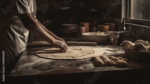 Baker's hands knead the dough on the kitchen background. Low key.