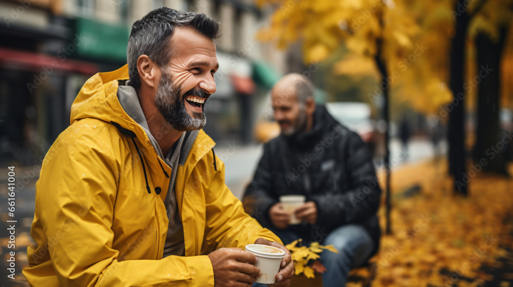Middle-aged men laughing and having fun while having coffee on a bench in a square on a rainy day. In the background and out of the photo is another man in a natural environment with yellow trees Middle-aged men laughing and having fun while having coffee on a bench in a square on a rainy day. In the background and out of the photo is another man in a natural environment with yellow trees