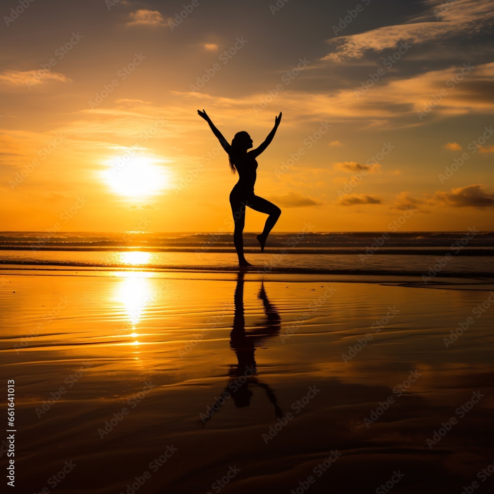 Full length rear view of the silhouette of a woman standing on one leg while practicing the tree yoga pose on a tranquil beach, shot at sunset, golden hour.