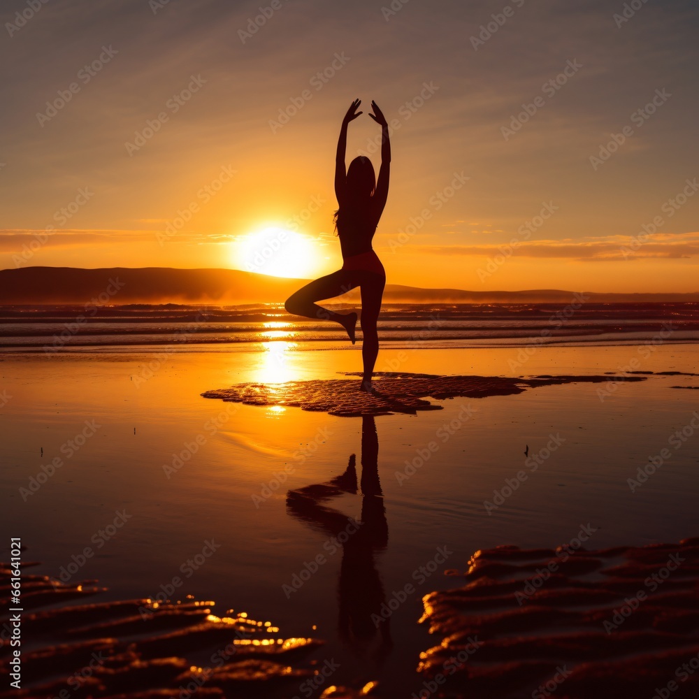 Full length rear view of the silhouette of a woman standing on one leg while practicing the tree yoga pose on a tranquil beach, shot at sunset, golden hour.