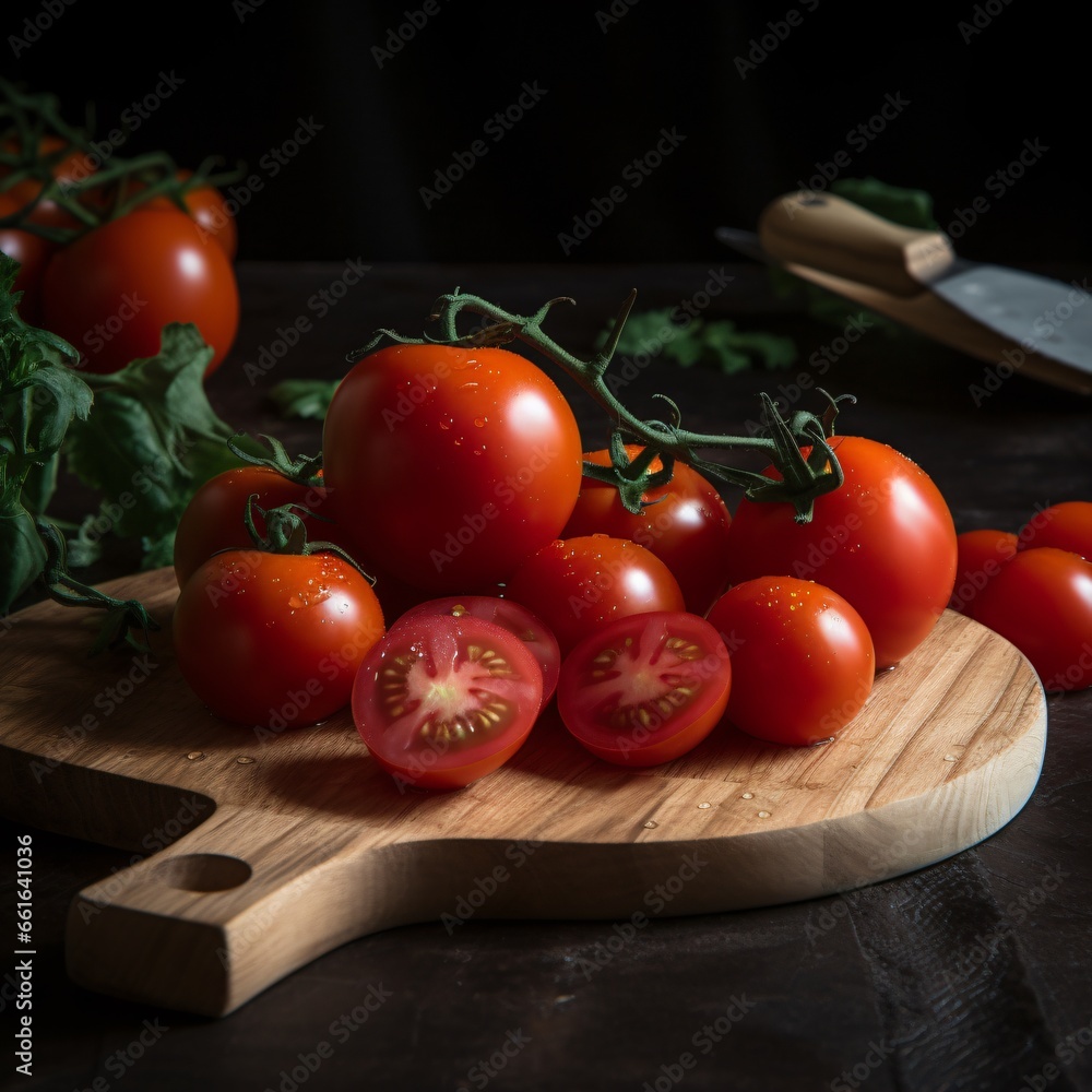 Fresh ripe sliced tomatoes on a kitchen wooden board, Black background. Side view. Fresh ripe sliced tomatoes on a kitchen wooden board, Black background. Side view.