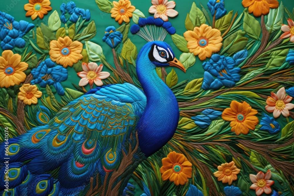 Fabric stumpwork embroidery of peacock. Fabric stumpwork embroidery of peacock.