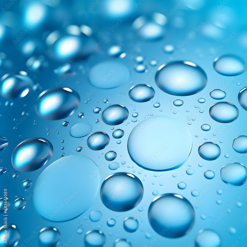 Light blue background of water drops on glass. Close up.