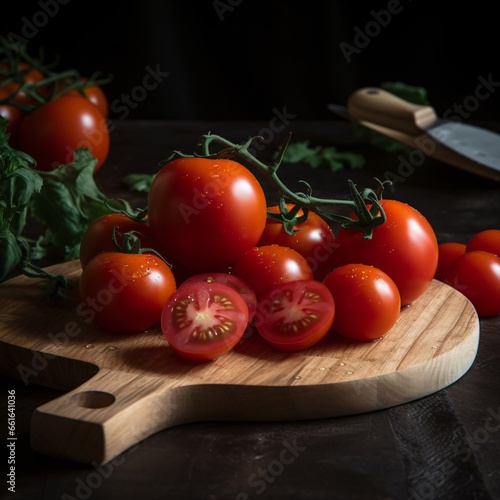 Fresh ripe sliced tomatoes on a kitchen wooden board, Black background. Side view.