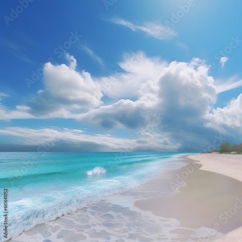 Empty tropical beach and seascape. Soft sand  calmness  tranquil relaxing sunlight  summer mood.