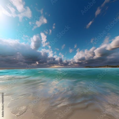 Empty tropical beach and seascape. Soft sand, calmness, tranquil relaxing sunlight, summer mood.