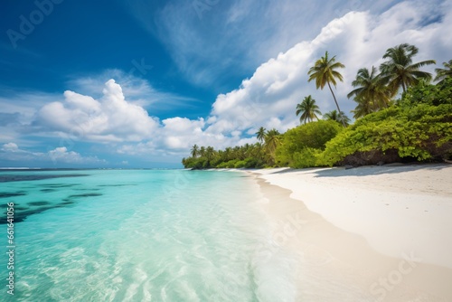 Wide sandy beach on a tropical island. Coconut palms and water lodge on Ocean. © Наиля Якубова