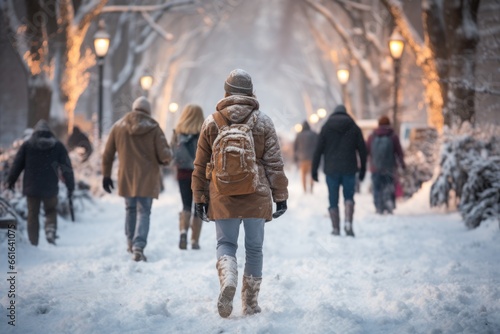People walking in the snow Winter season, chilly, cold frost, morning freshness, December, winnye everyday life, winter season, snowflakes snowfall . Cold air temperature . © Ruslan Batiuk
