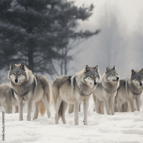Timberwolves or grey wolves timber wolf pack standing against a white snowy background in winter time.