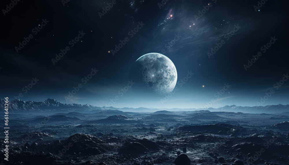 The mysterious Moon's surface, with Earth in the background, is illuminated by soft directional light. Space background.