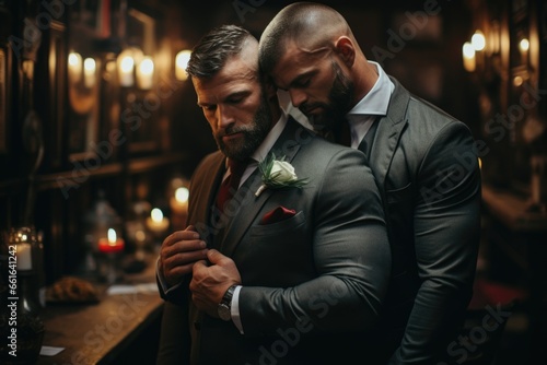 Happy male couple non-traditional orientation, gay, LGBT, romantic relationship of two men. Love serious commitment.