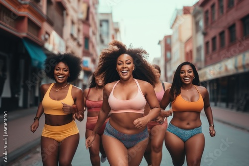 Group of plus size black women running city street