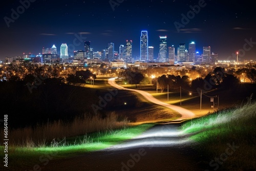 Nighttime view of Fort Worth skyline by Trinity Trail in Texas. Generative AI