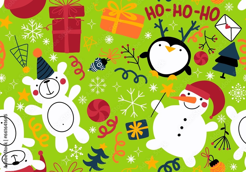 Christmas tree cartoon seamless snowman and snowflakes pattern for wrapping paper and fabrics and linens Christmas tree cartoon seamless snowman and snowflakes pattern for wrapping paper and fabrics and linens