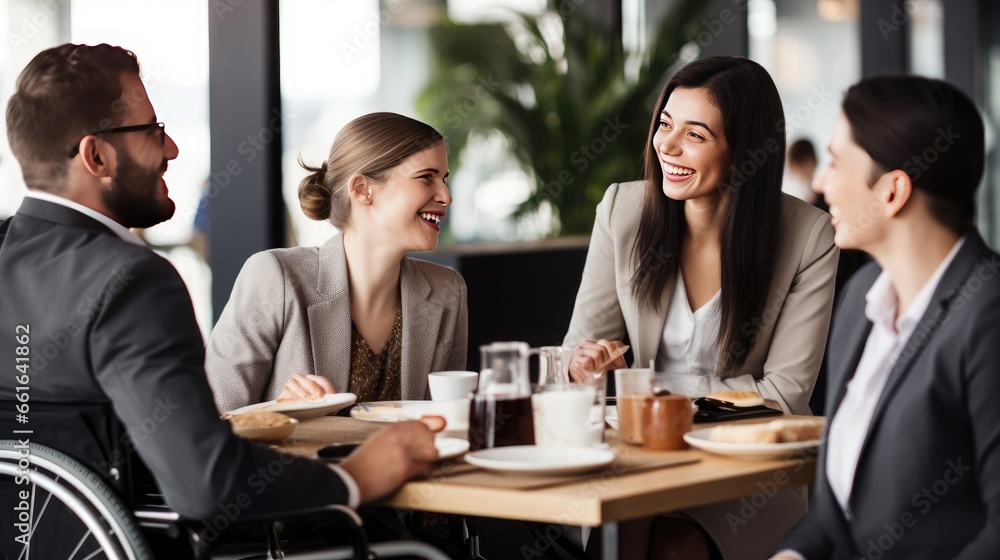Business meeting in a co-working space by a man in a wheelchair. Integration of people with disabilities. Business meeting in a co-working space by a man in a wheelchair. Integration of people with disabilities.