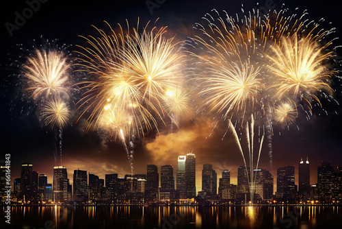 pyrotechnics and fireworks in city background with city sky