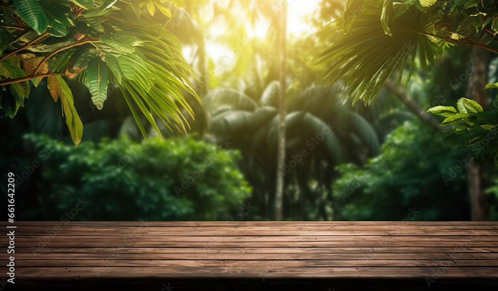 wooden floor in the garden with green nature background wooden floor in the garden with green nature background