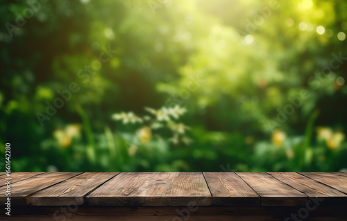 wooden floor in the garden with green nature background © Paula
