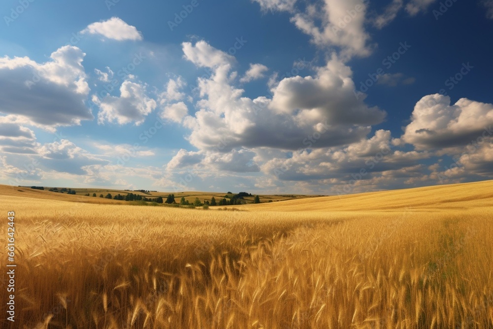 A serene scene of an idyllic countryside with golden wheat, clear blue skies, fluffy clouds, and soft sunlight. Generative AI