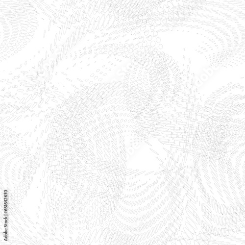 Seamless pattern of dotted intermittent contours of rings, circles, rims that twist, intersect, and swirl. Black thin outlines on a transparent background. Vector.