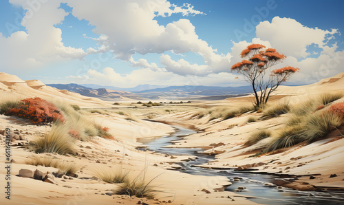 Watercolor, natural landscape with sand dunes near the water. © Andreas