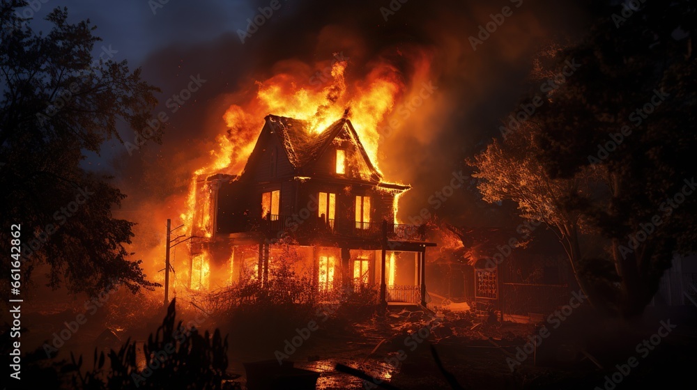A house is engulfed in flames at night, Generative AI