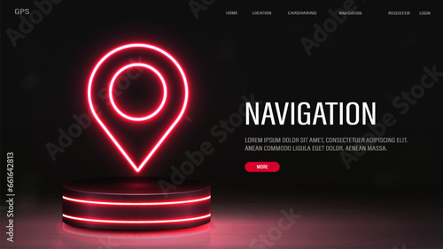 A web banner with a pin map icon on a neon podium on a black background. A concept for GPS and navigation.