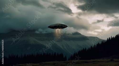 A large UFO flies over the rocky mountains