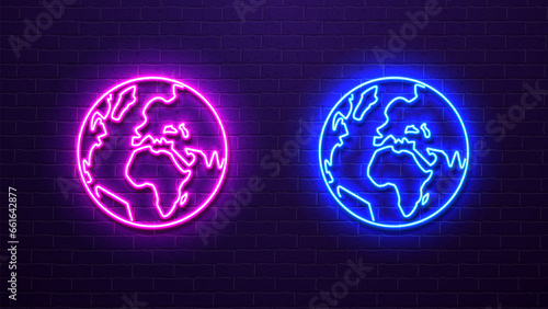 Neon planet earth in blue and pink on the background of a brick purple wall. Globe icons.