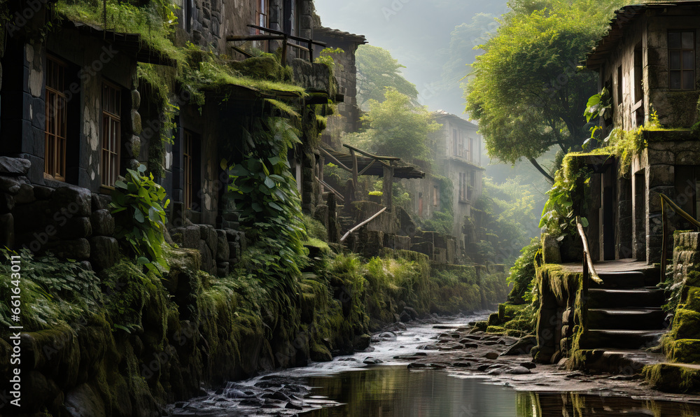 The remains of a lost civilization are overgrown with plants. The remains of a lost civilization are overgrown with plants.