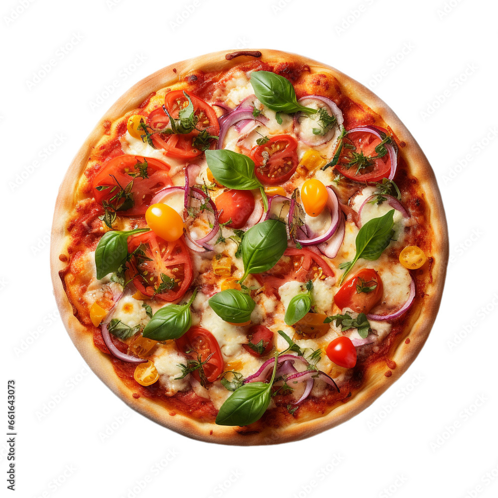 veggie pizza top view isolated on white background, ai generated