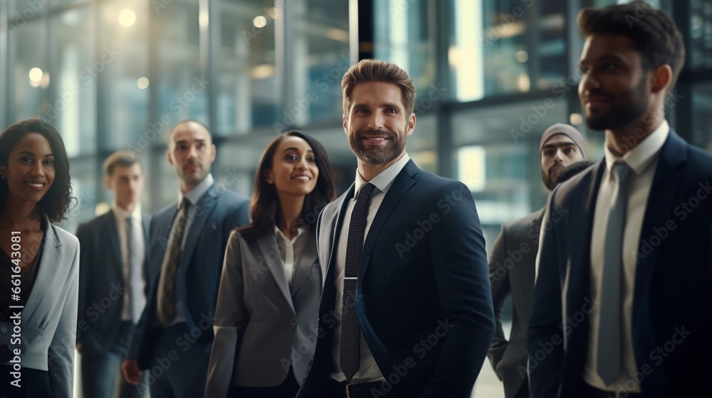 Group of business people, satisfied employees with the company's progress, work in a corporation