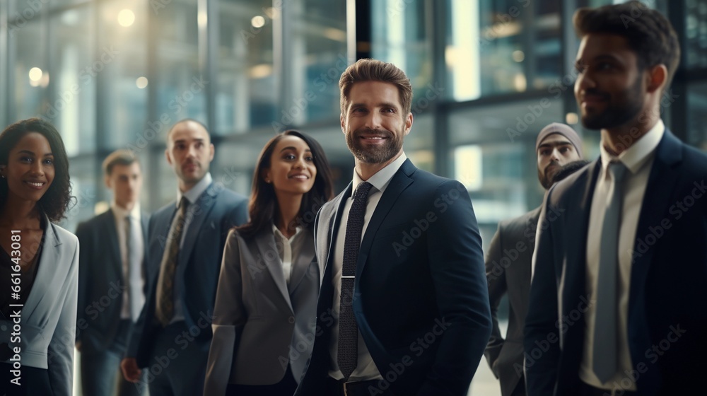 Group of business people, satisfied employees with the company's progress, work in a corporation Group of business people, satisfied employees with the company's progress, work in a corporation