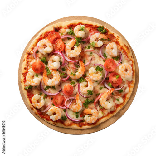 Seafood pizza with shrimp top view isolated on white background, ai generated