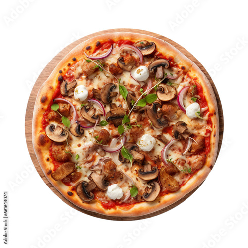 mushroom pizza top view isolated on white background, ai generated