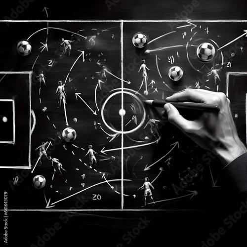 a person drawing a soccer play on a blackboard photo