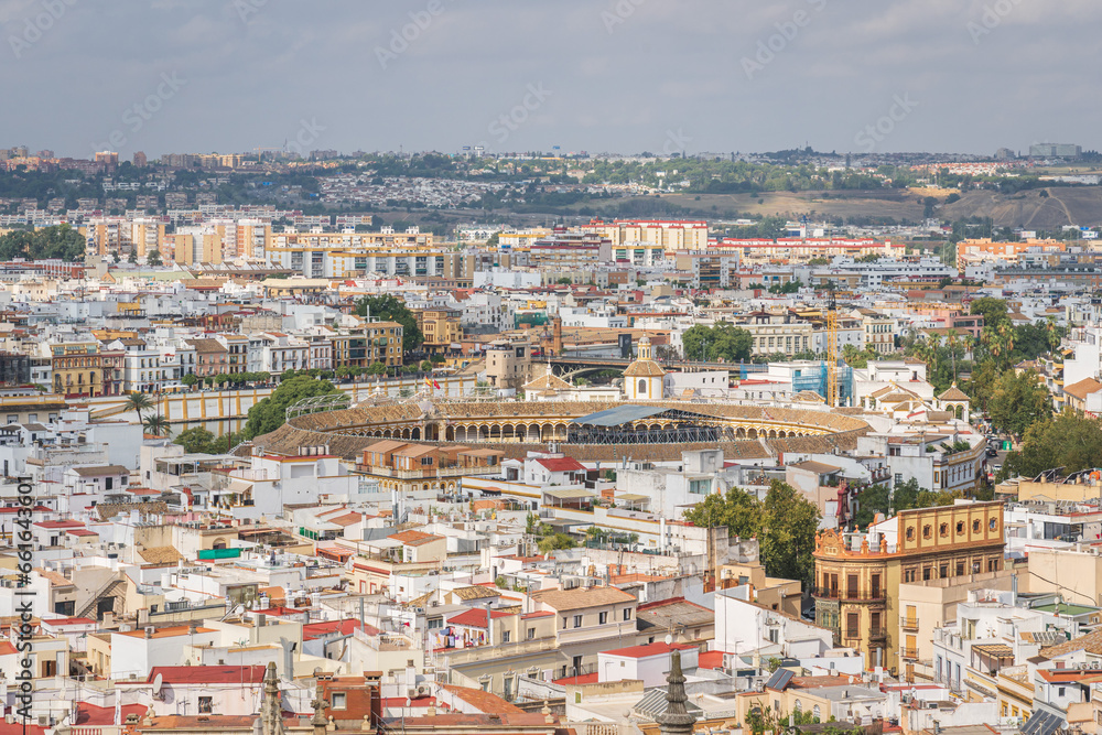 Seville city skyline and the plaza de toros de la Real Maestranza de Caballeria de Sevilla
