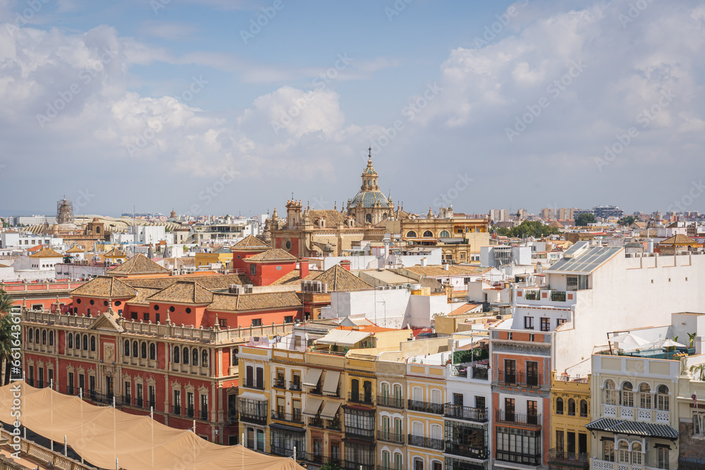 Seville city skyline, historic buildings in the old town of seville, Spain
