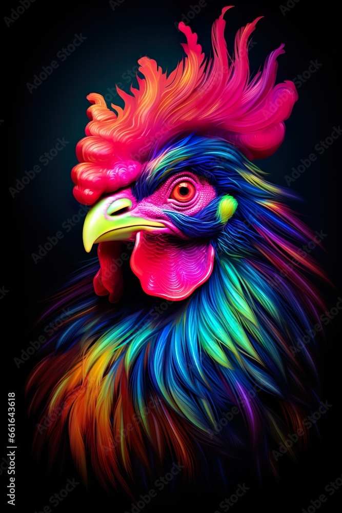 Rooster bird in abstract, graphic highlighters lines rainbow ultra-bright neon artistic portrait | Generative AI