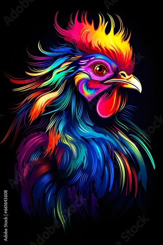 Rooster bird in abstract, graphic highlighters lines rainbow ultra-bright neon artistic portrait   Generative AI © Kay