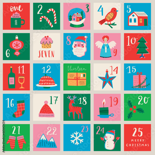Christmas advent calendar, hand drawn style.