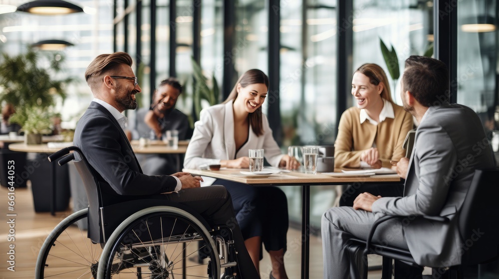 Business meeting in a co-working space by a man in a wheelchair. Integration of people with disabilities.
