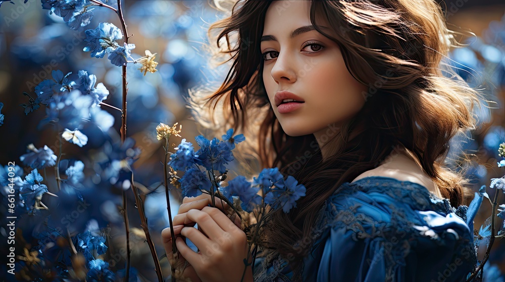 Ethereal woman in floral field at sunset, golden light enhancing beauty and surrounding nature. Ethereal woman in floral field at sunset, golden light enhancing beauty and surrounding nature.