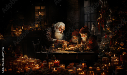 Postcard Santa Claus is sitting at the table with gifts.